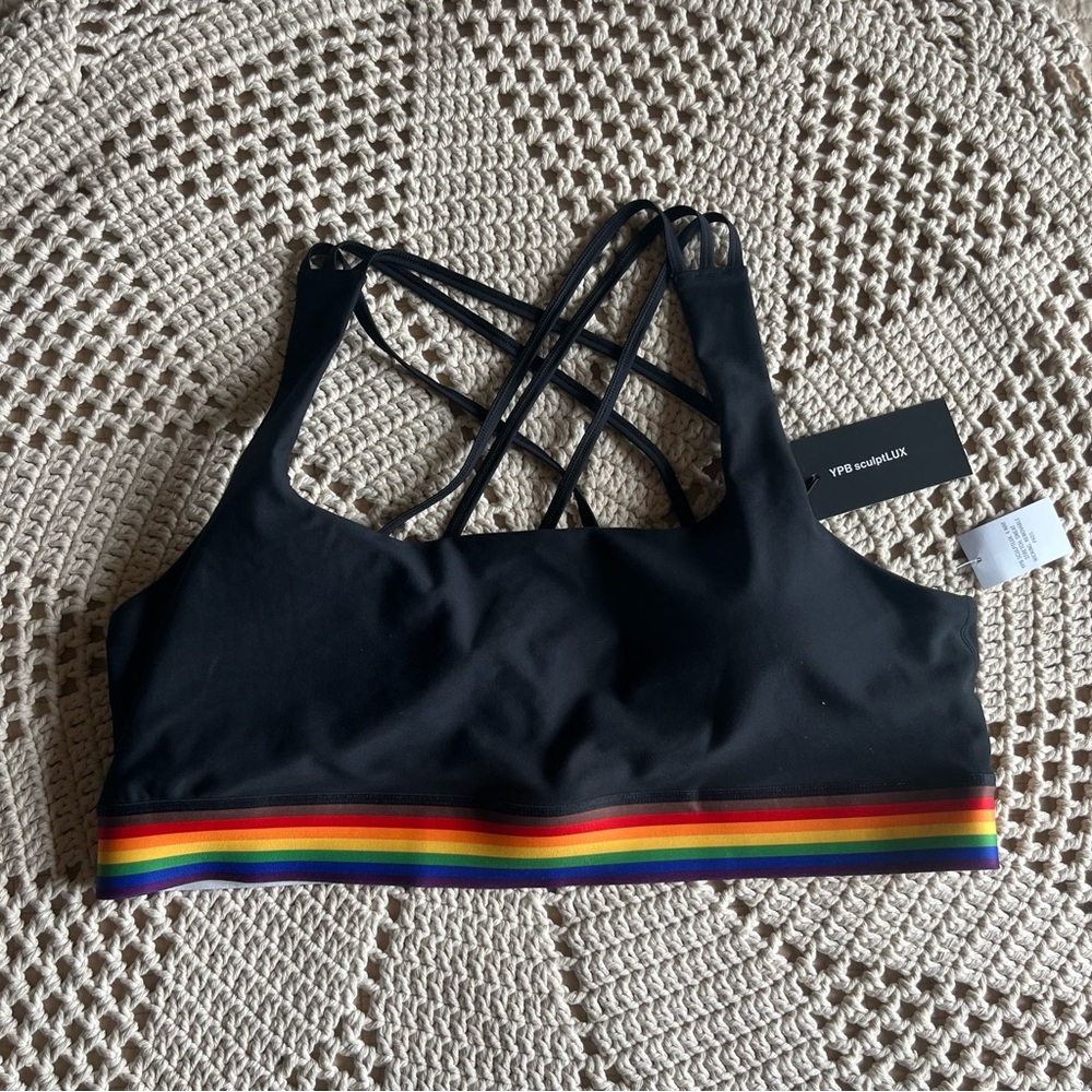 NWT YPB SCULPTLUX PRIDE Wirefree Black Strappy SportsBra LGBTQ Rainbow Band XXXL